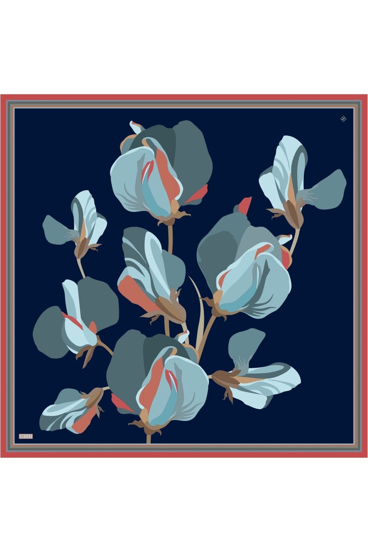 Belli Lacivert Çiçek Desen %100 Twill İpek Eşarp 4303 - 51