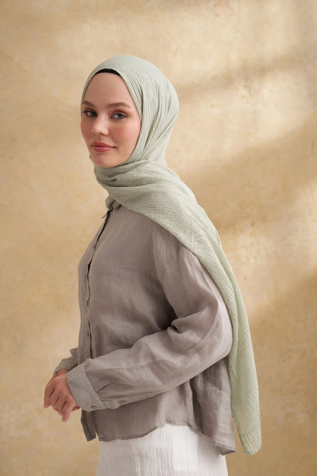 ARMANDA Müslin Yaprak Desen Şal 3351-205 Keten Yeşili