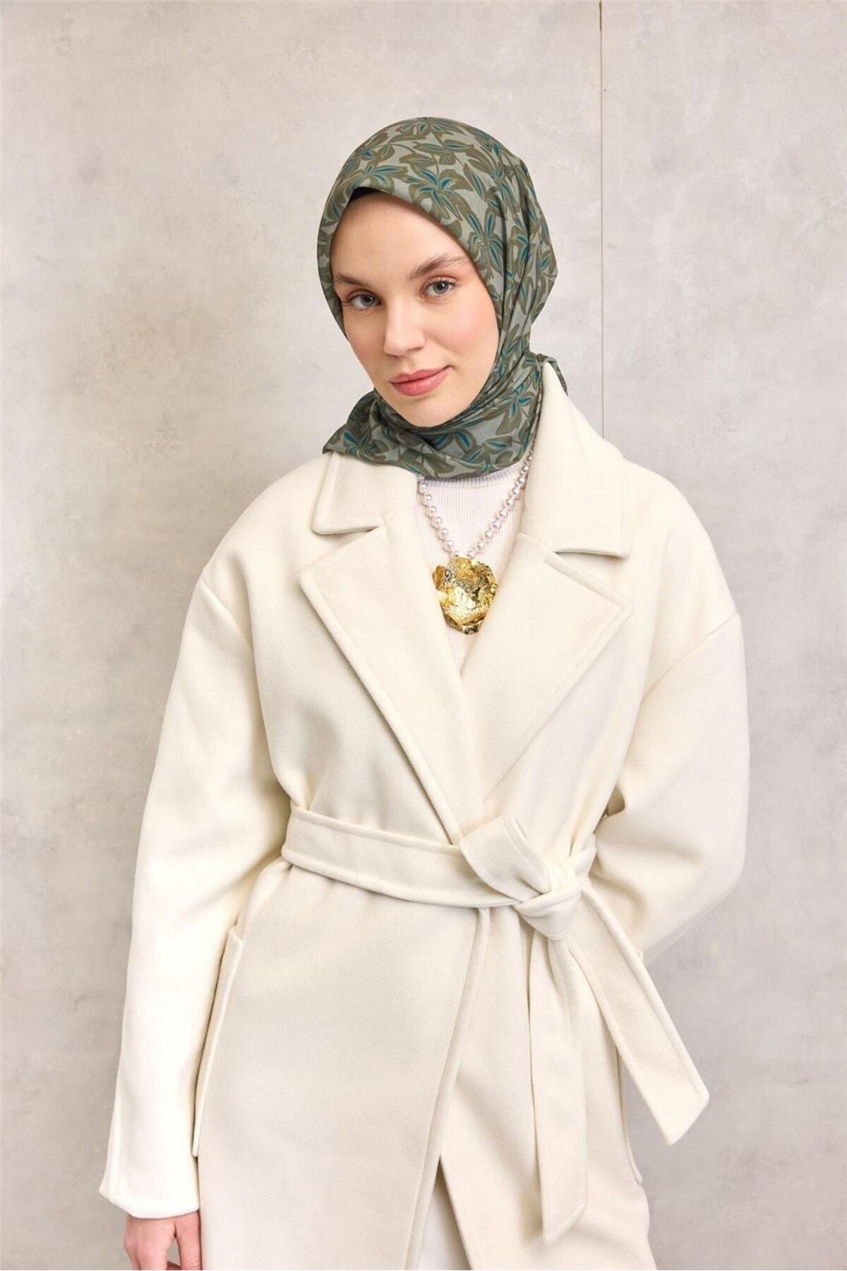 Silk Home Pamuk Polyester Soft Eşarp Flora Desen Soluk Yeşil 90*90