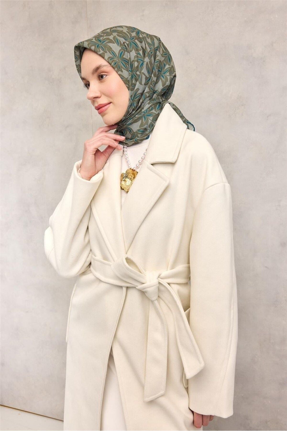 Silk Home Pamuk Polyester Soft Eşarp Flora Desen Soluk Yeşil 90*90