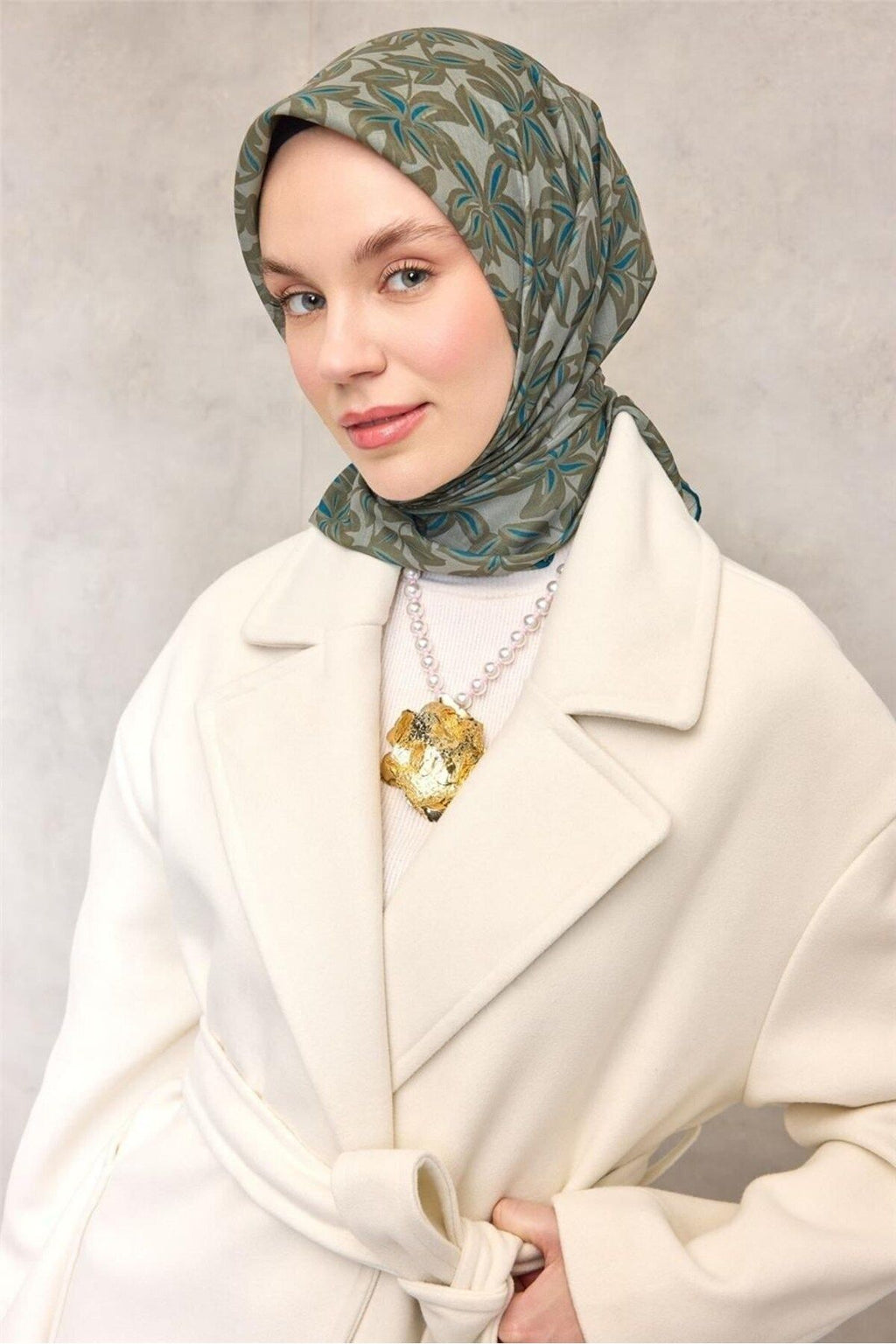 Silk Home Pamuk Polyester Soft Eşarp Flora Desen Soluk Yeşil 90*90