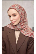 Pamuk Polyester Soft Eşarp Kiremit Flora Desenli