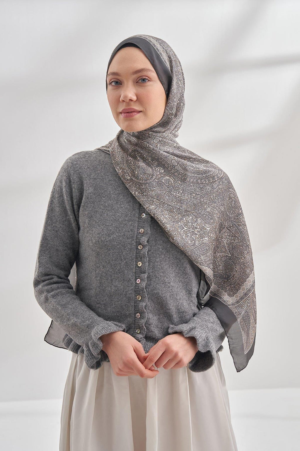 ARMANDA Ethnic vual vintage desen füme rengi şal