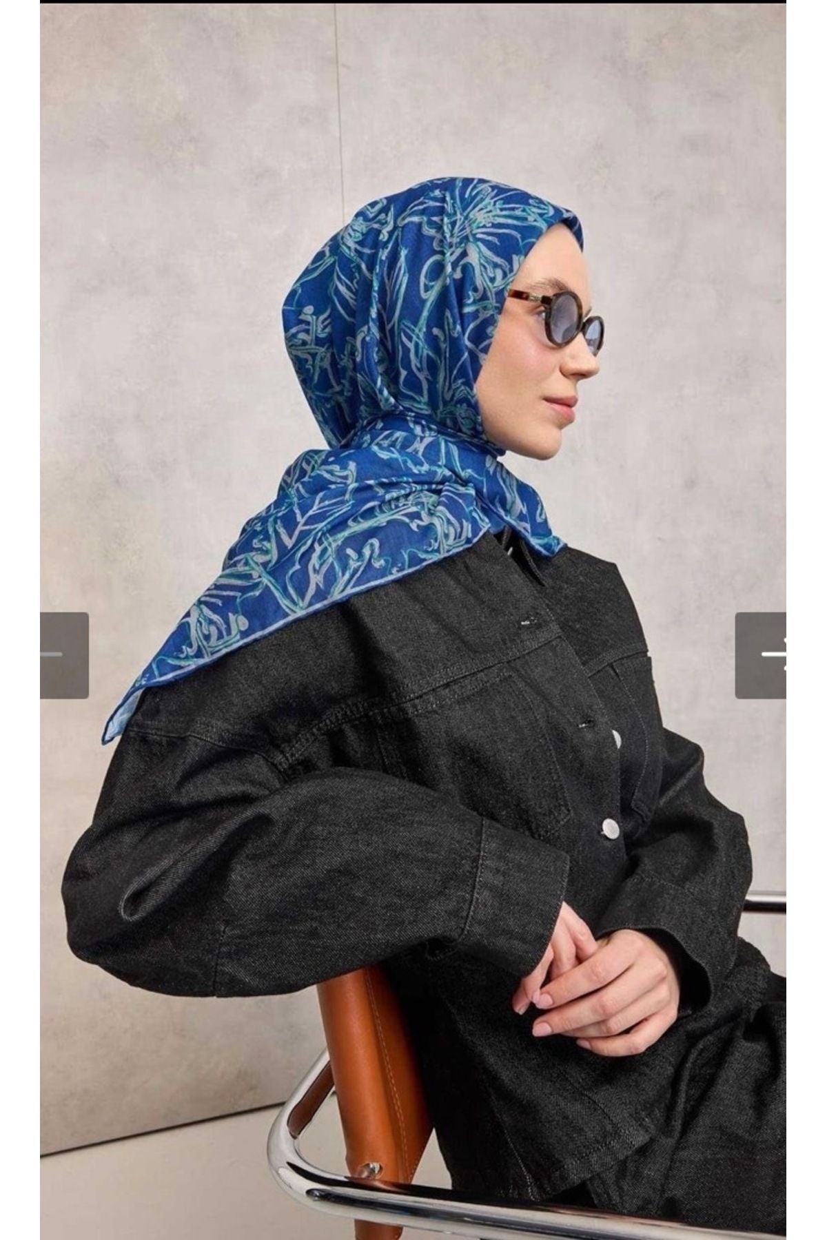 Pamuk Polyester Soft Eşarp Koyu Mavi Lilium Desenli
